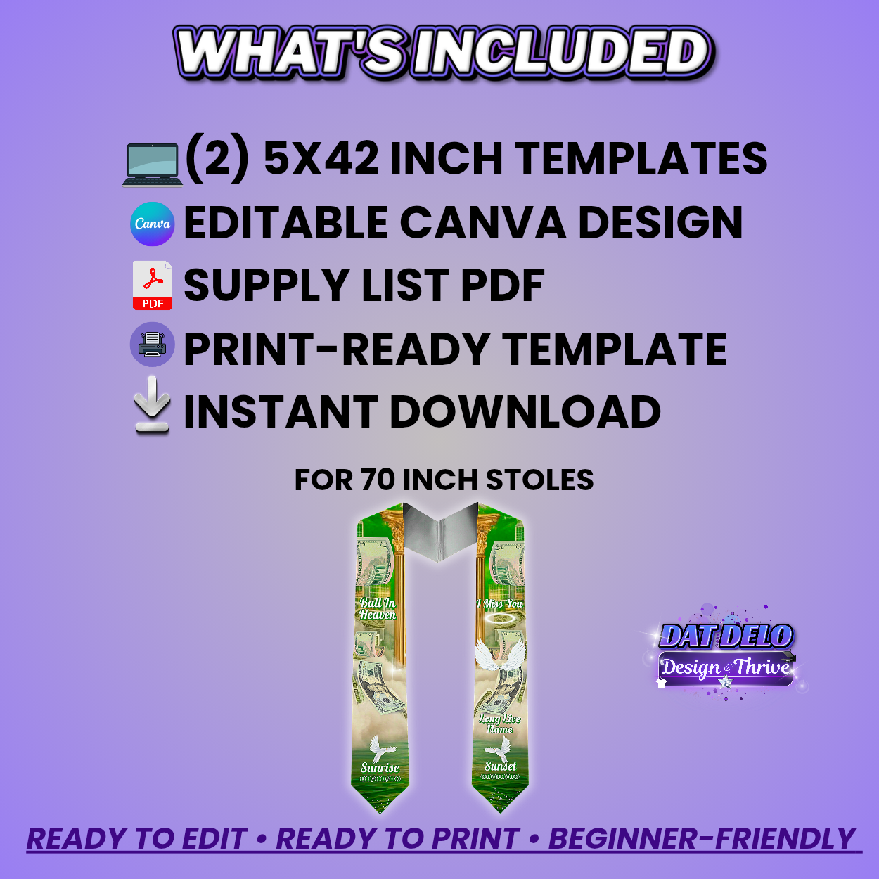 Money Green Editable Memorial Stole Design & Supply List (CanvaPro)