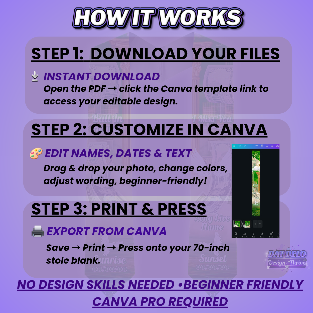 Money Green Editable Memorial Stole Design & Supply List (CanvaPro)
