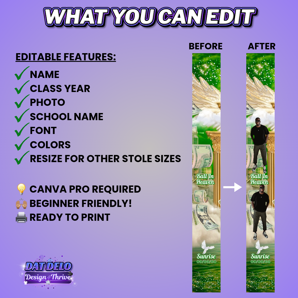 Money Green Editable Memorial Stole Design & Supply List (CanvaPro)