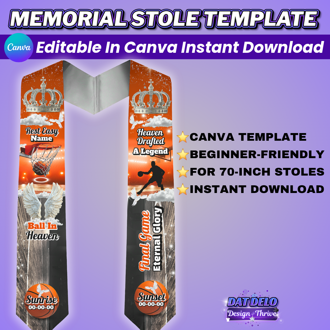 Editable Basketball Memorial Stole Design & Supply List (CanvaPro)