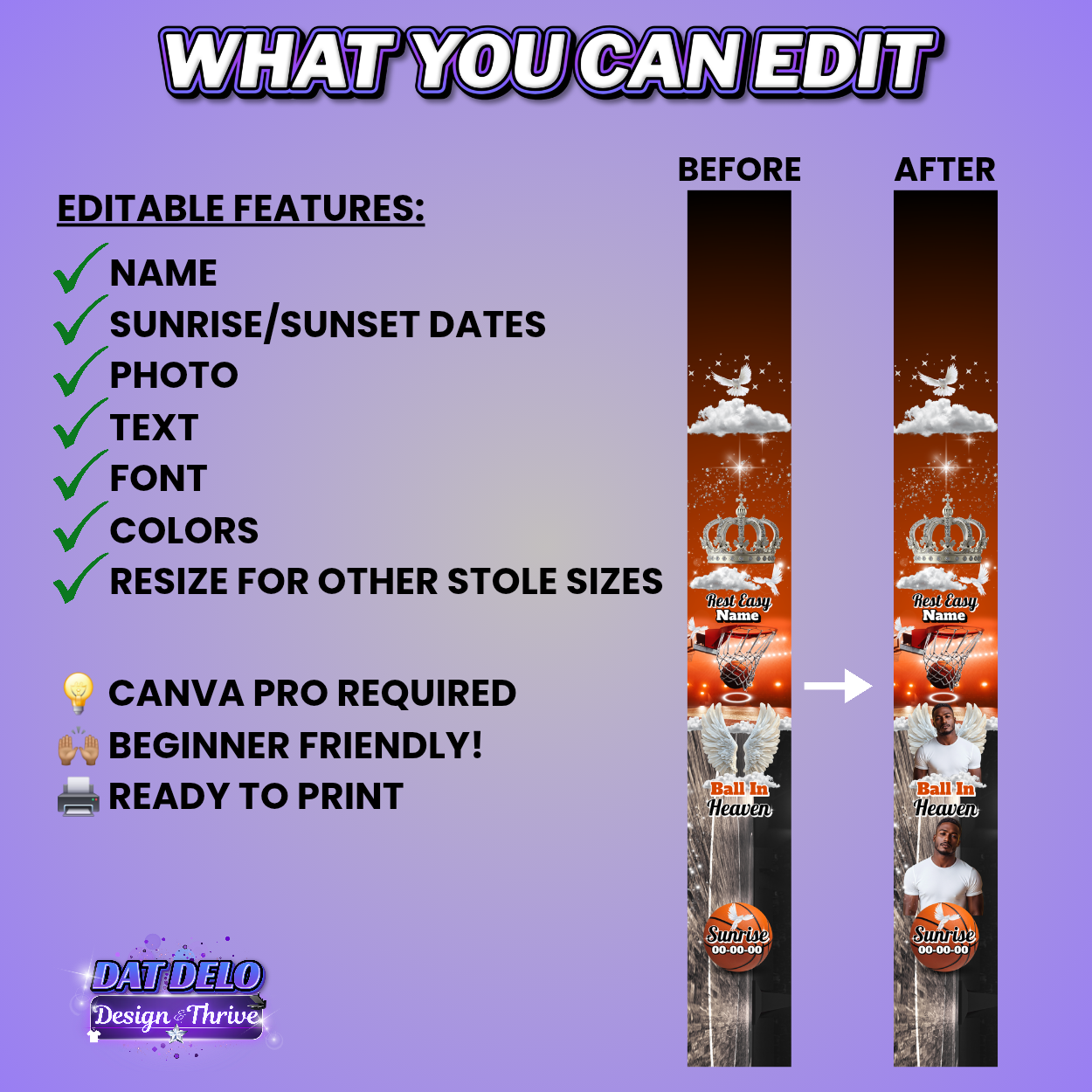 Editable Basketball Memorial Stole Design & Supply List (CanvaPro)