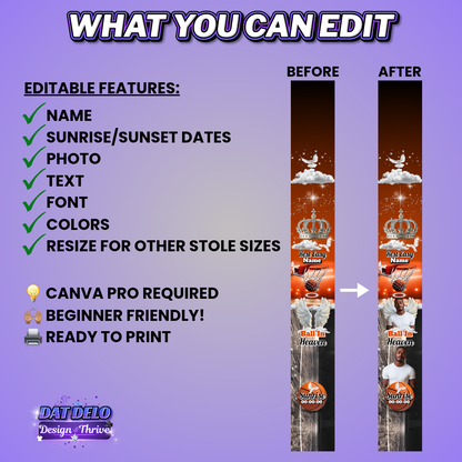 Editable Basketball Memorial Stole Design & Supply List (CanvaPro)