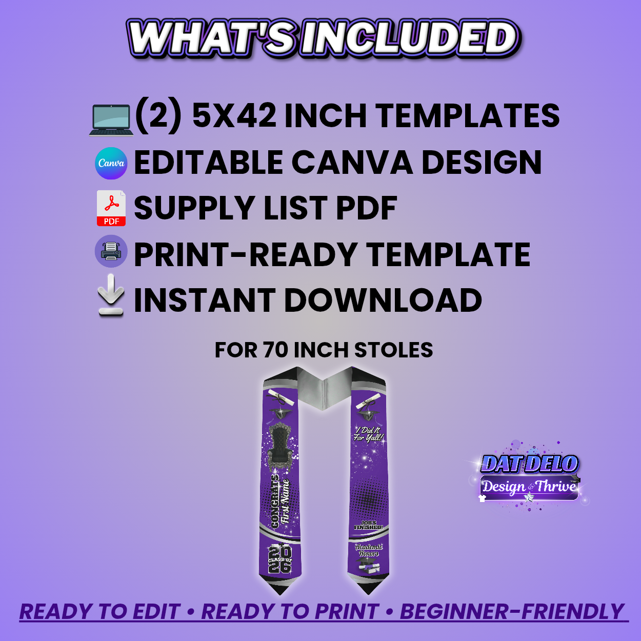 Editable Purple Grad Stole Design & Supply List (CanvaPro)