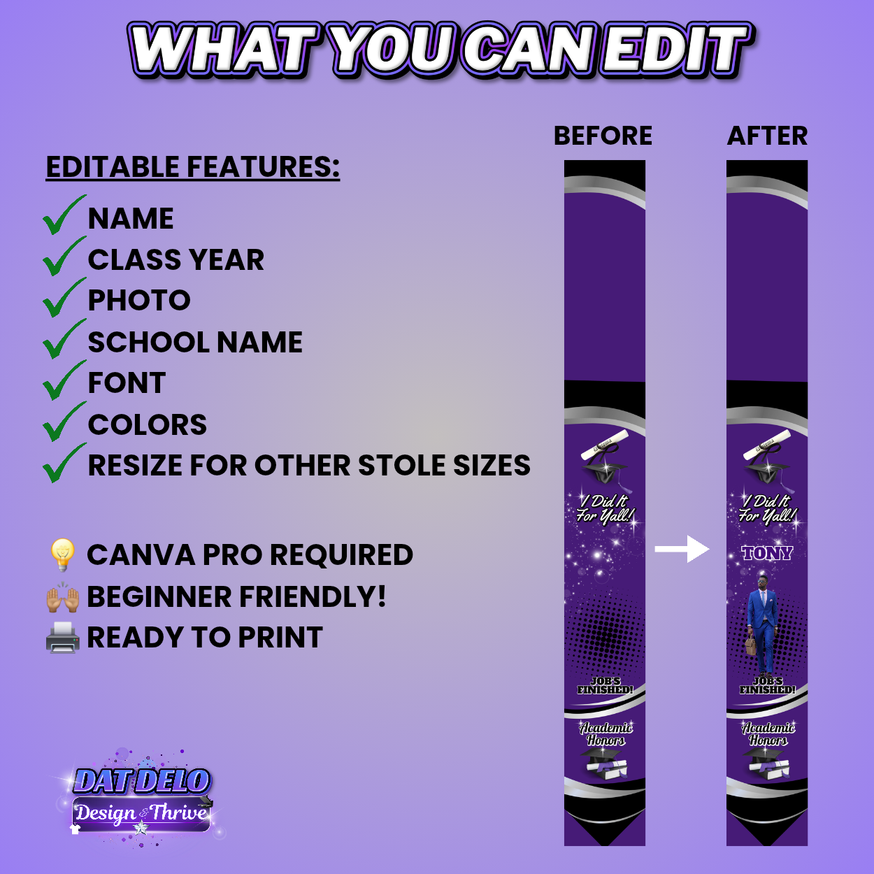 Editable Purple Grad Stole Design & Supply List (CanvaPro)