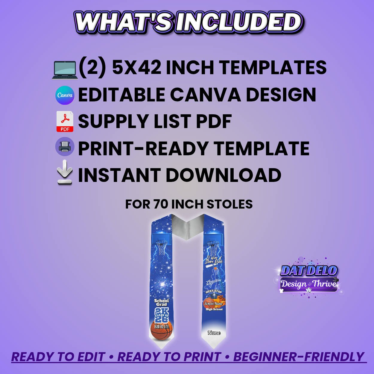 Editable Basketball Grad Stole Design & Supply List (CanvaPro)