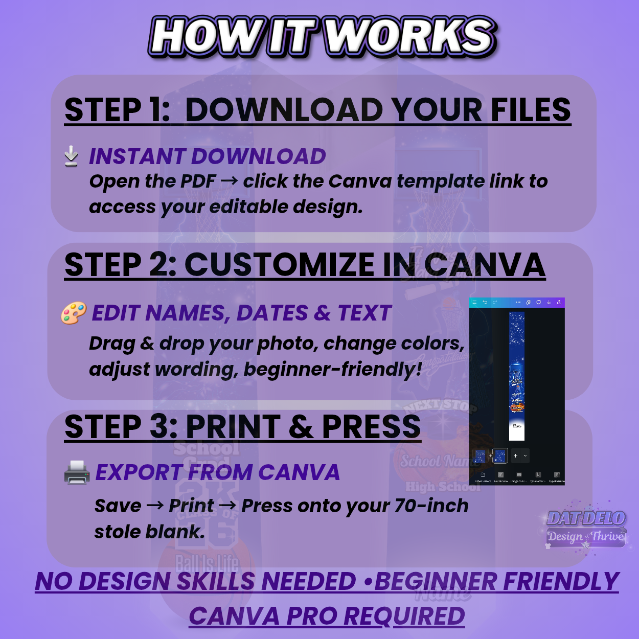 Editable Basketball Grad Stole Design & Supply List (CanvaPro)