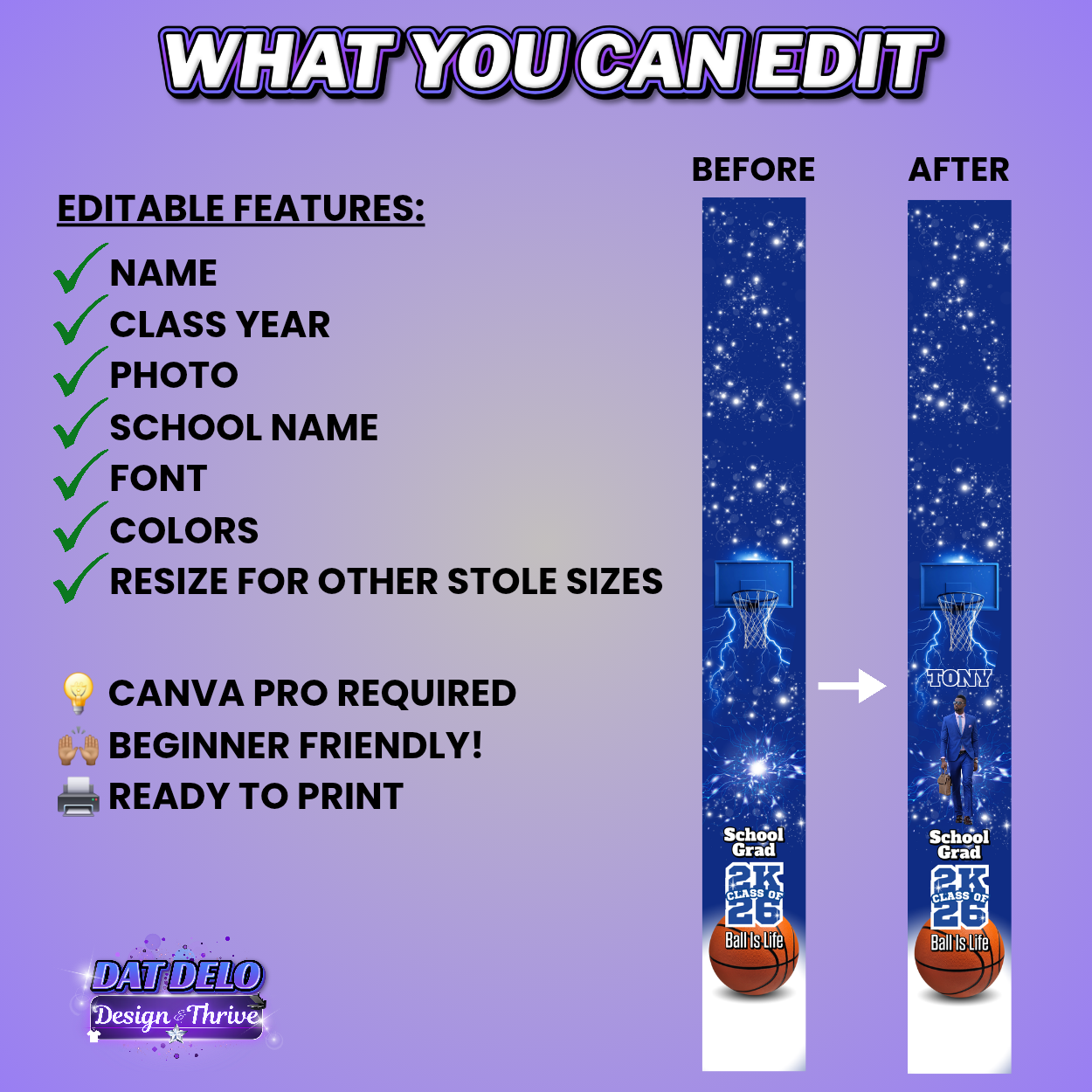 Editable Basketball Grad Stole Design & Supply List (CanvaPro)