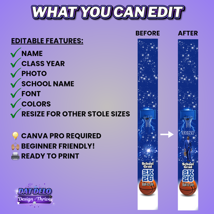 Editable Basketball Grad Stole Design & Supply List (CanvaPro)