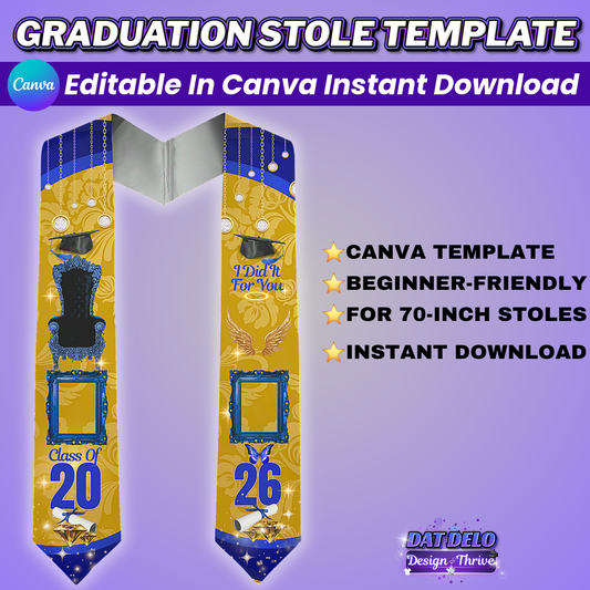 Editable Gold & Blue Grad Stole Design Template, Supply List Included (Canva Pro Required)