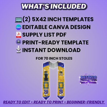 Editable Gold & Blue Grad Stole Design Template, Supply List Included (Canva Pro Required)