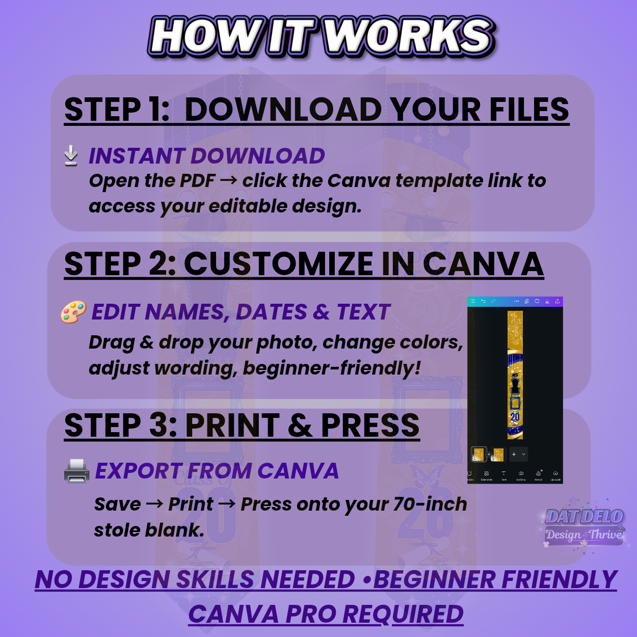 Editable Gold & Blue Grad Stole Design Template, Supply List Included (Canva Pro Required)