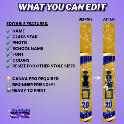 Editable Gold & Blue Grad Stole Design Template, Supply List Included (Canva Pro Required)