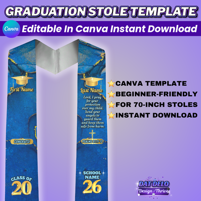 Editable Blue Marble Grad Stole Design & Supply List (CanvaPro)