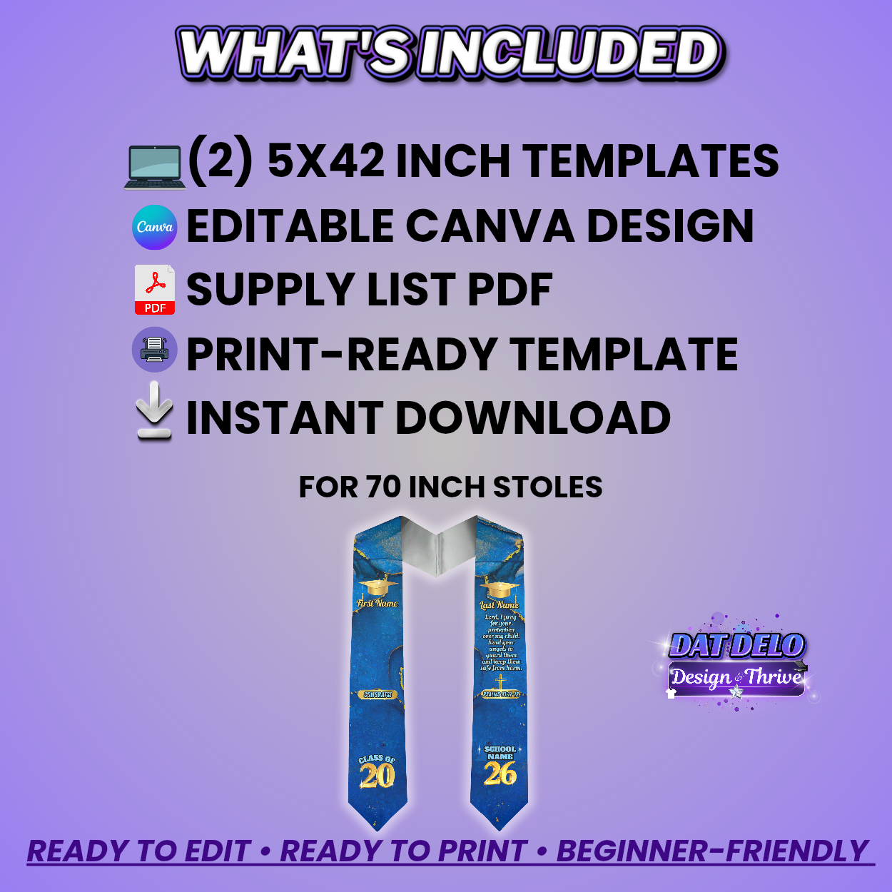 Editable Blue Marble Grad Stole Design & Supply List (CanvaPro)