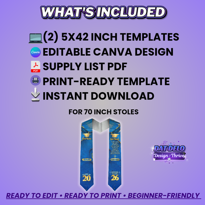 Editable Blue Marble Grad Stole Design & Supply List (CanvaPro)