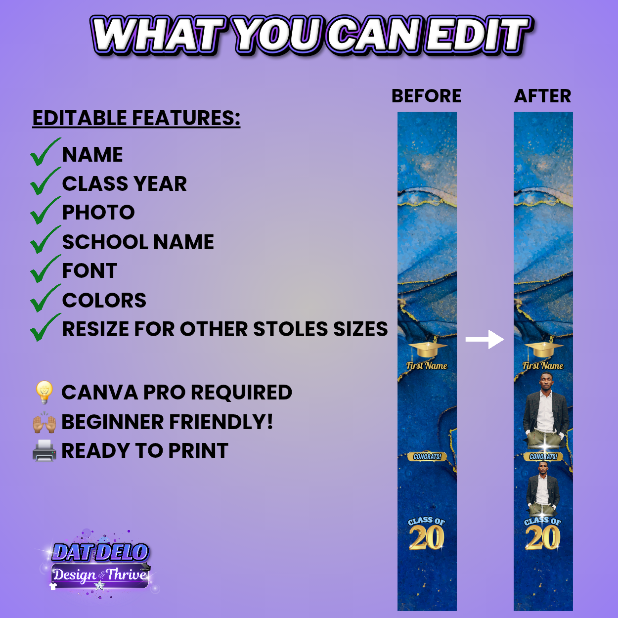 Editable Blue Marble Grad Stole Design & Supply List (CanvaPro)