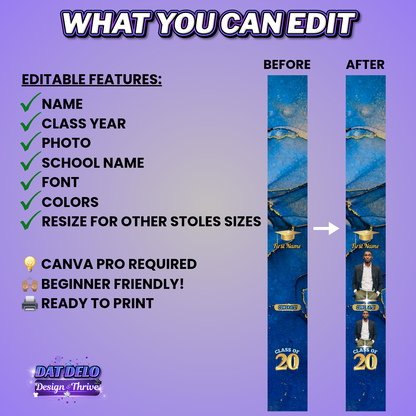 Editable Blue Marble Grad Stole Design & Supply List (CanvaPro)