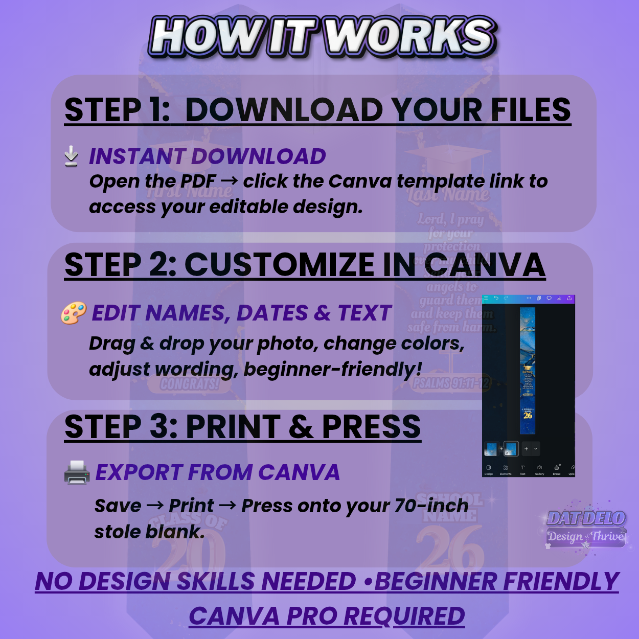 Editable Blue Marble Grad Stole Design & Supply List (CanvaPro)