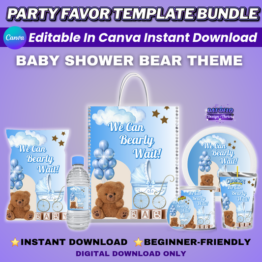 Teddy Bear Baby Shower Party Favors Editable Designs, 6 Pre-Sized Templates (CanvaPro)