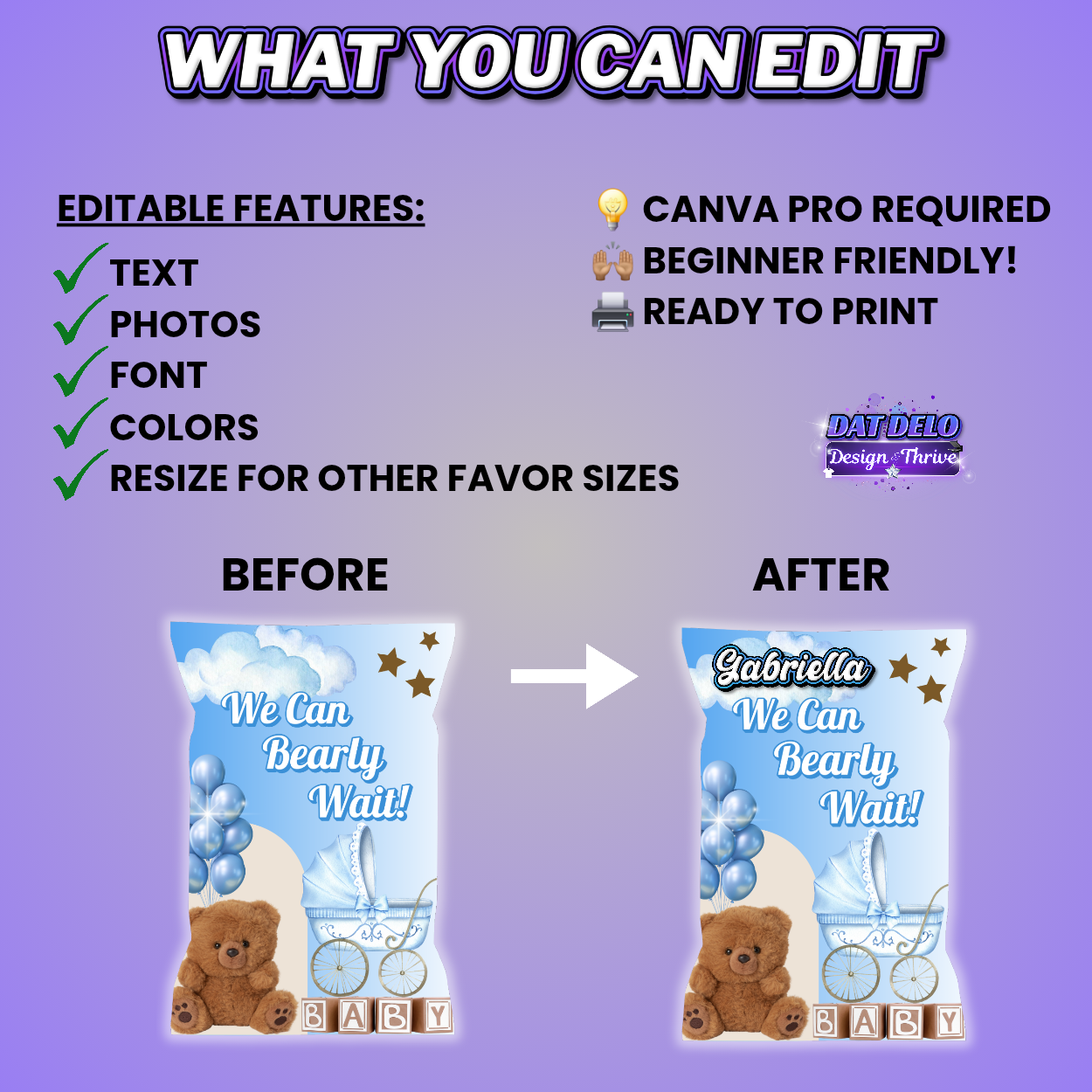 Teddy Bear Baby Shower Party Favors Editable Designs, 6 Pre-Sized Templates (CanvaPro)