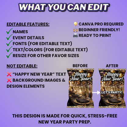 New Year's Eve Party Favor Design & Mockups (Edit In Canva!) 7 Pre-Sized Designs