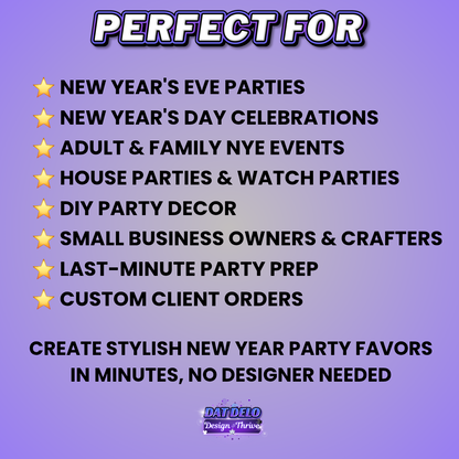 New Year's Eve Party Favor Design & Mockups (Edit In Canva!) 7 Pre-Sized Designs