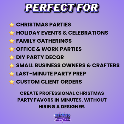 Purple Christmas Party Favor Design & Mockups (Edit In Canva!) 7 Pre-Sized Templates