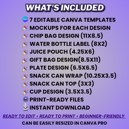 Purple Christmas Party Favor Design & Mockups (Edit In Canva!) 7 Pre-Sized Templates