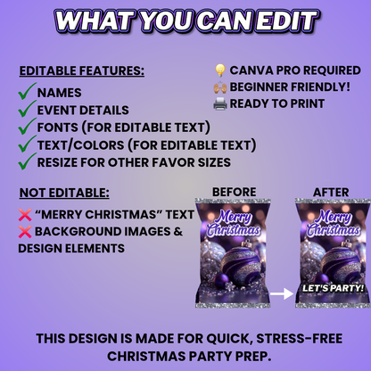 Purple Christmas Party Favor Design & Mockups (Edit In Canva!) 7 Pre-Sized Templates