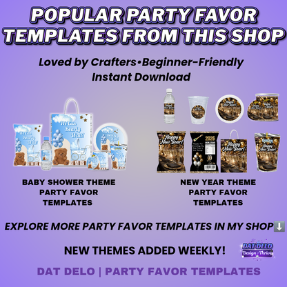 Purple Christmas Party Favor Design & Mockups (Edit In Canva!) 7 Pre-Sized Templates