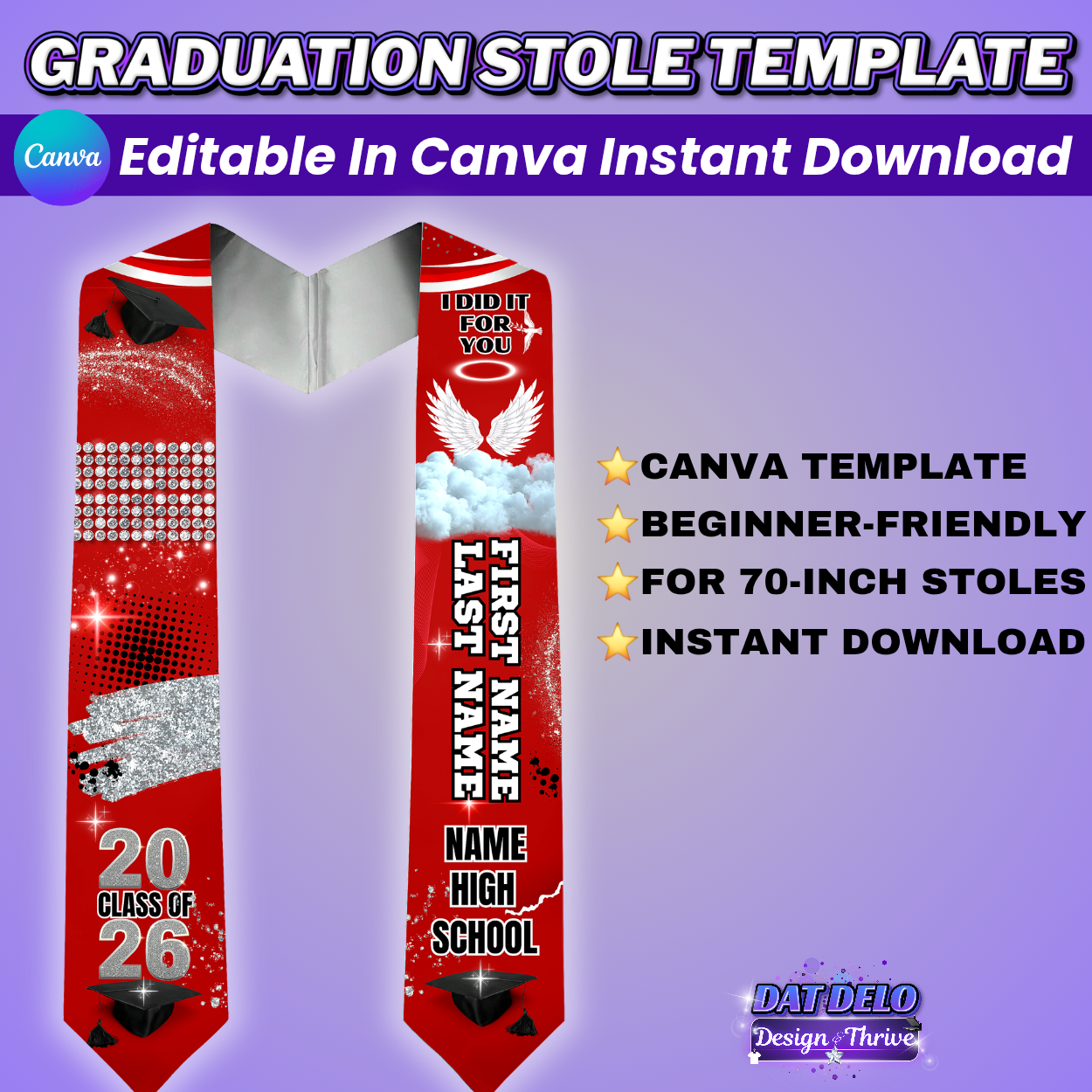 Red Graduation Stole Template | Editable Canva Design for 70 Inch Stoles | Class of 2026 Sublimation Download