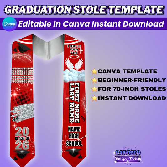 Red Graduation Stole Template | Editable Canva Design for 70 Inch Stoles | Class of 2026 Sublimation Download