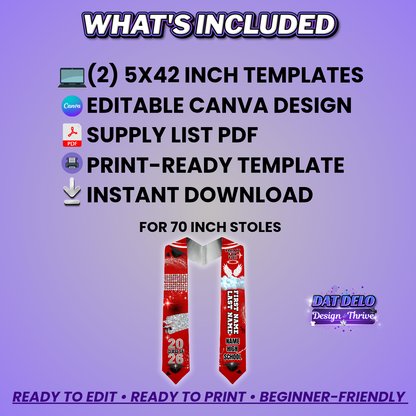 Red Graduation Stole Template | Editable Canva Design for 70 Inch Stoles | Class of 2026 Sublimation Download