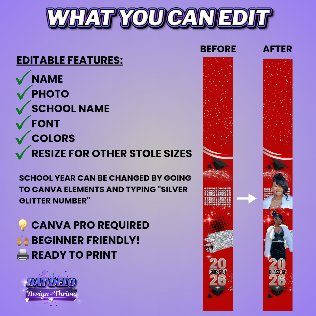 Red Graduation Stole Template | Editable Canva Design for 70 Inch Stoles | Class of 2026 Sublimation Download