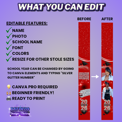 Red Graduation Stole Template | Editable Canva Design for 70 Inch Stoles | Class of 2026 Sublimation Download