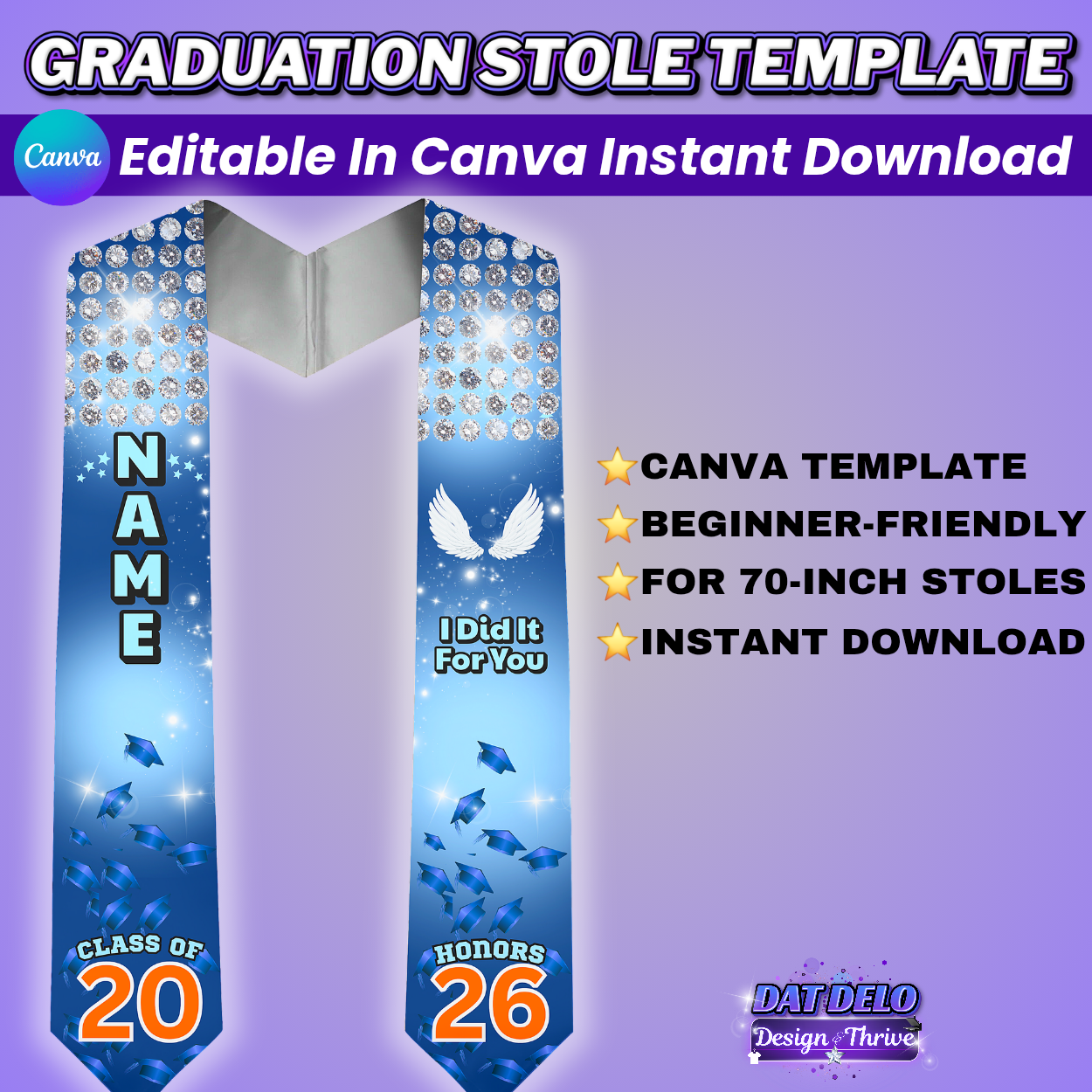 Diamond Blue Graduation Stole Template | Editable Canva Design for 70 Inch Stoles | Class of 2026 Sublimation Download