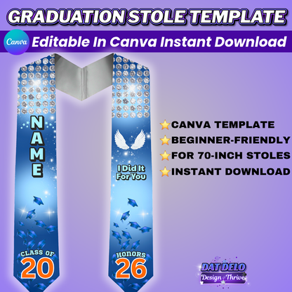 Diamond Blue Graduation Stole Template | Editable Canva Design for 70 Inch Stoles | Class of 2026 Sublimation Download