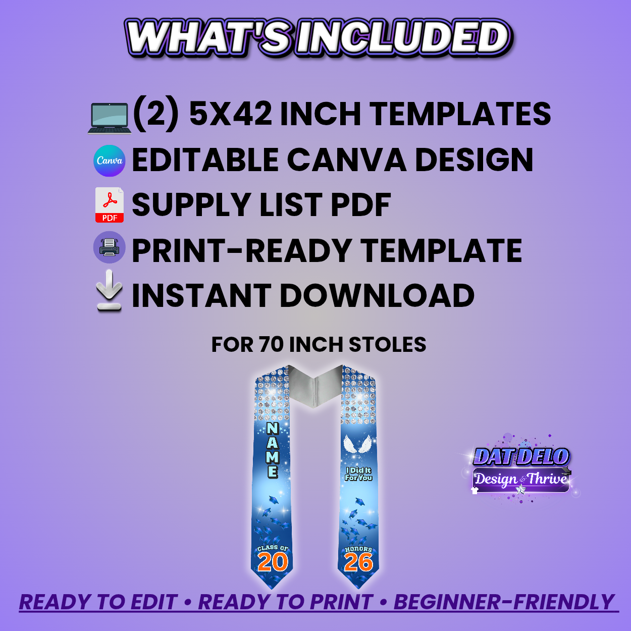 Diamond Blue Graduation Stole Template | Editable Canva Design for 70 Inch Stoles | Class of 2026 Sublimation Download