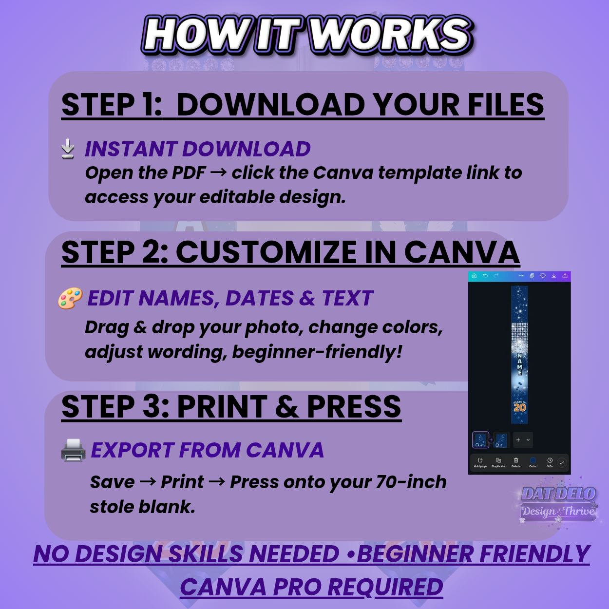 Diamond Blue Graduation Stole Template | Editable Canva Design for 70 Inch Stoles | Class of 2026 Sublimation Download