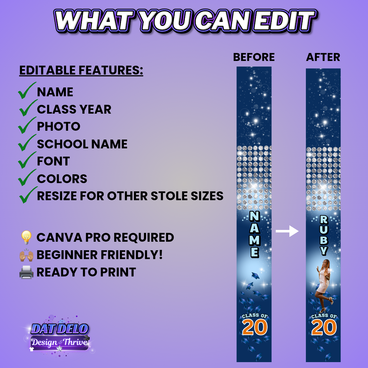 Diamond Blue Graduation Stole Template | Editable Canva Design for 70 Inch Stoles | Class of 2026 Sublimation Download