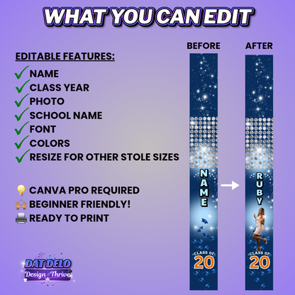 Diamond Blue Graduation Stole Template | Editable Canva Design for 70 Inch Stoles | Class of 2026 Sublimation Download