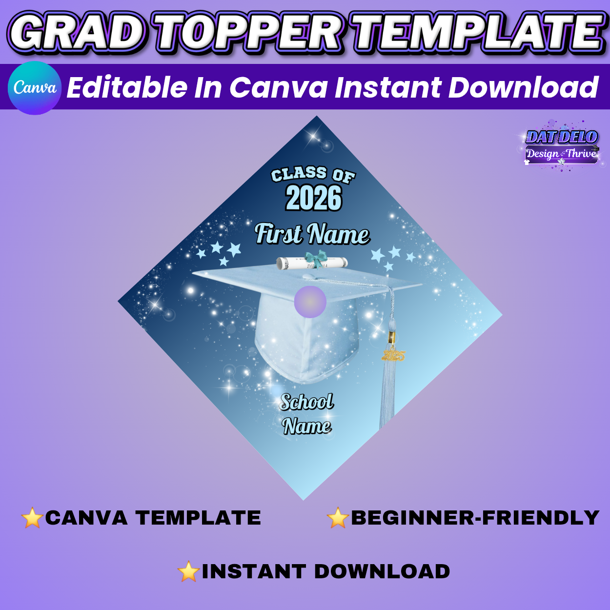 Editable Graduation Cap Topper Template | Canva Grad Cap Design | Class of 2026 Sublimation Cap Topper | Custom Graduation Cap