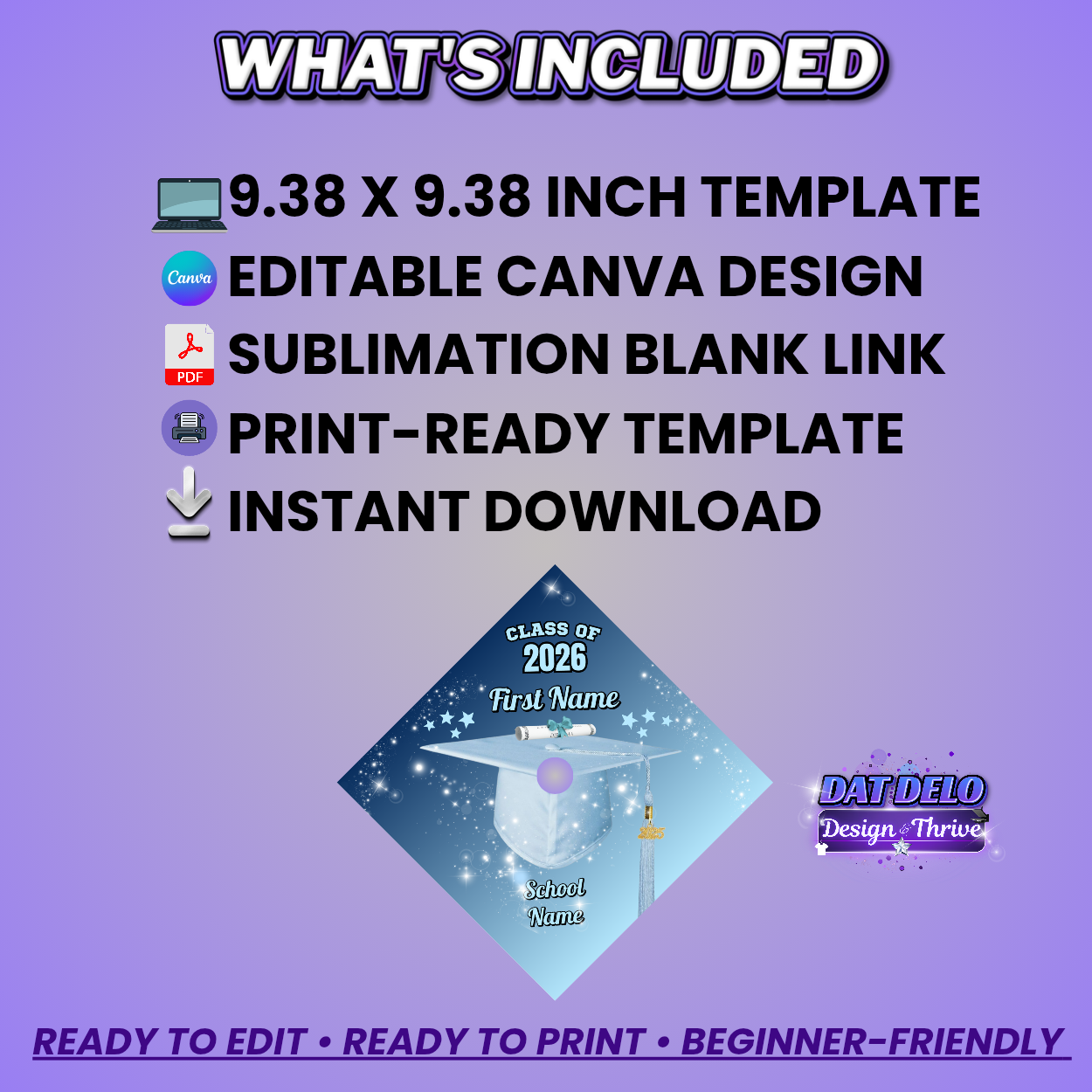 Editable Graduation Cap Topper Template | Canva Grad Cap Design | Class of 2026 Sublimation Cap Topper | Custom Graduation Cap