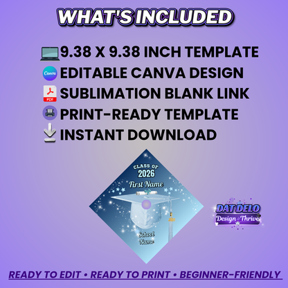 Editable Graduation Cap Topper Template | Canva Grad Cap Design | Class of 2026 Sublimation Cap Topper | Custom Graduation Cap