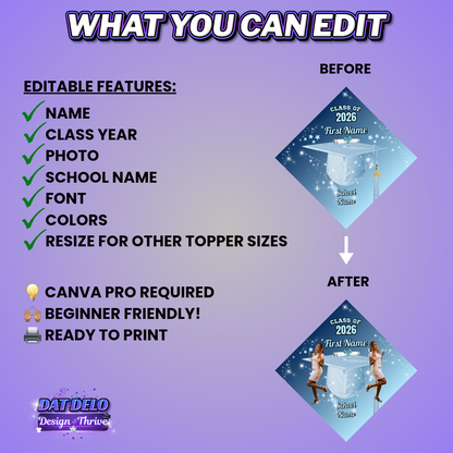 Editable Graduation Cap Topper Template | Canva Grad Cap Design | Class of 2026 Sublimation Cap Topper | Custom Graduation Cap