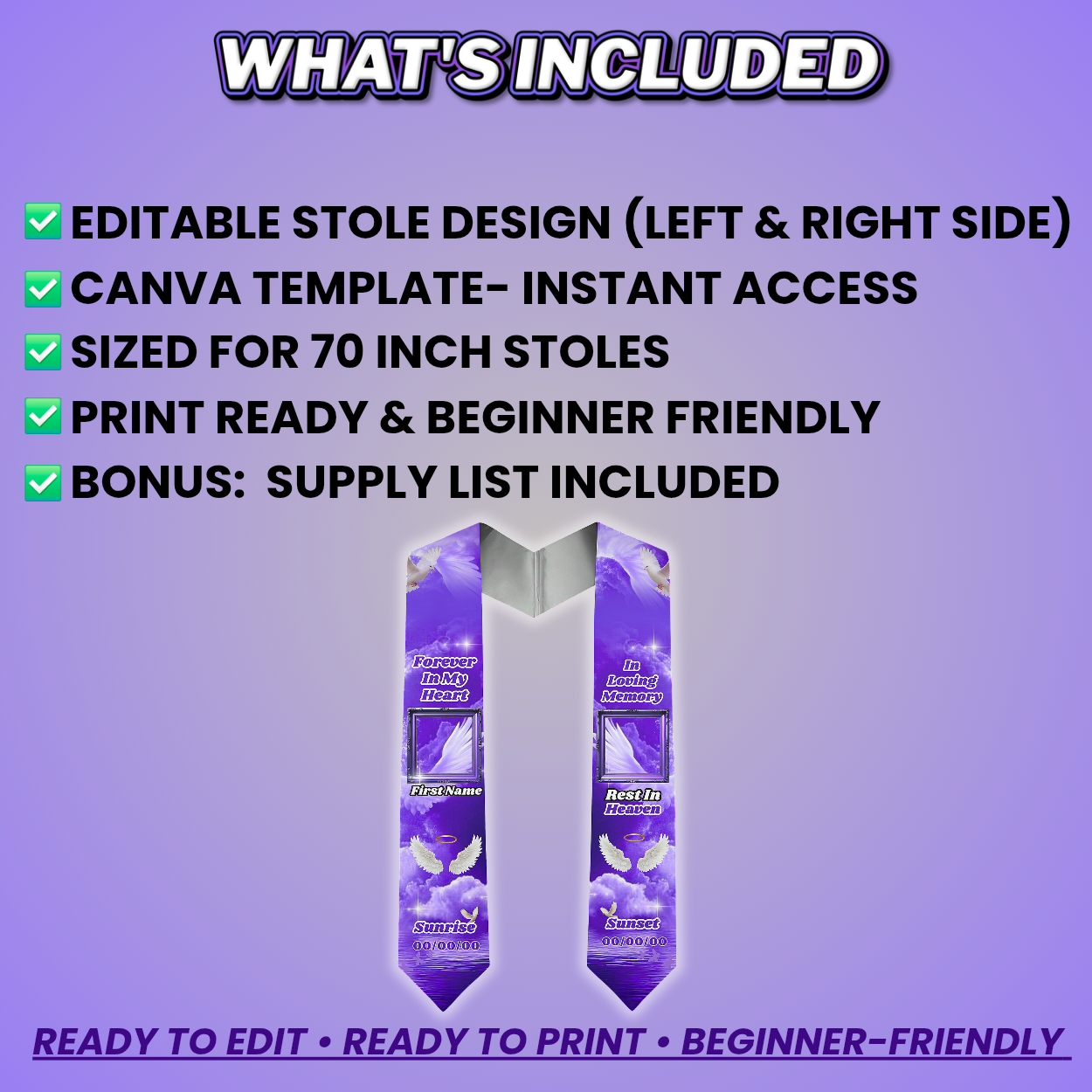 Purple Memorial Stole Design Editable Template (Includes Supply List)