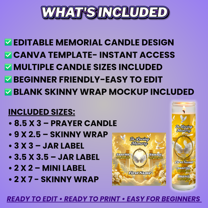 Memorial Candle Template, Editable Canva Funeral Candle Design, 6 Pre-Sized Templates