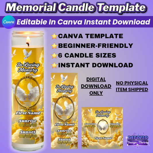 Memorial Candle Template, Editable Canva Funeral Candle Design, 6 Pre-Sized Templates