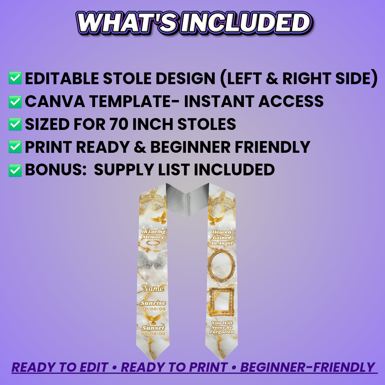 White Gold Memorial Stole Design Editable Template (Includes Supply List)