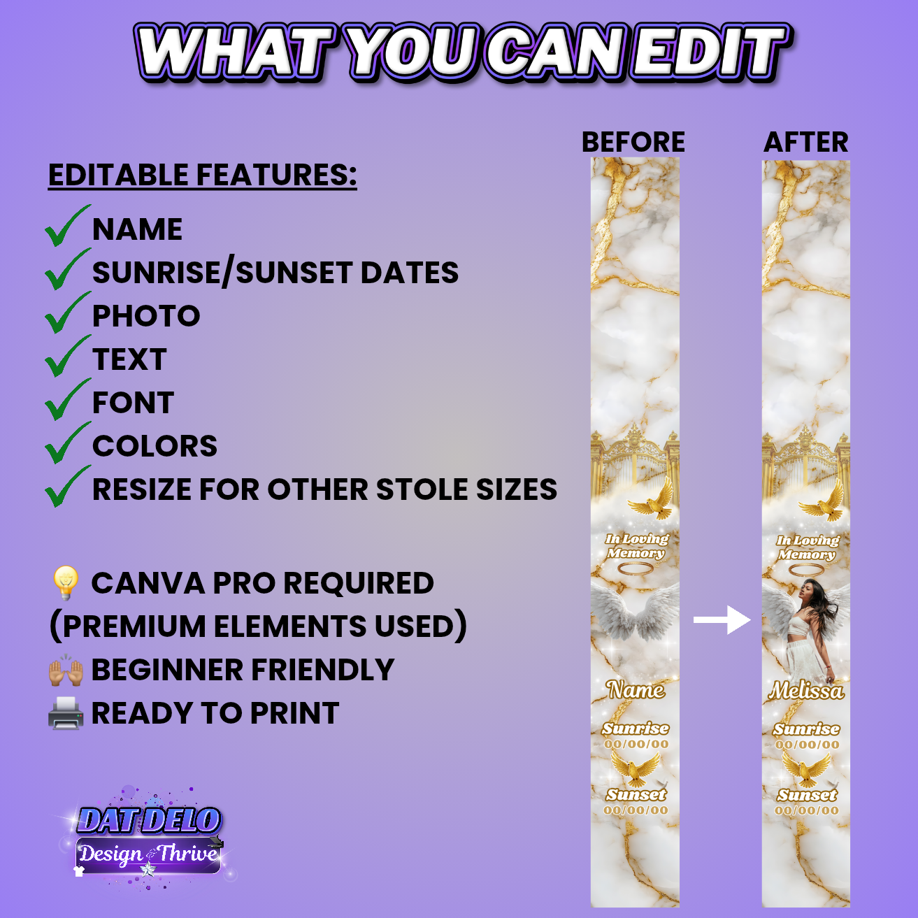 White Gold Memorial Stole Design Editable Template (Includes Supply List)